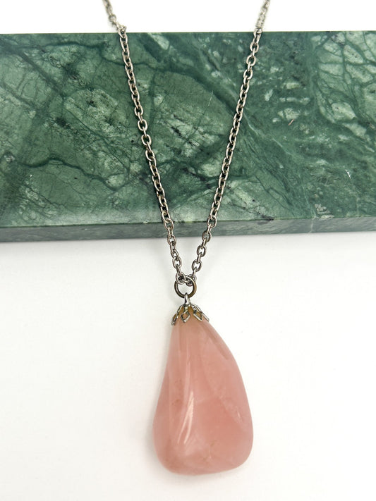 Vintage Rose Quartz Necklace Large Nugget Pendant Pink Crystal Chunky Stone