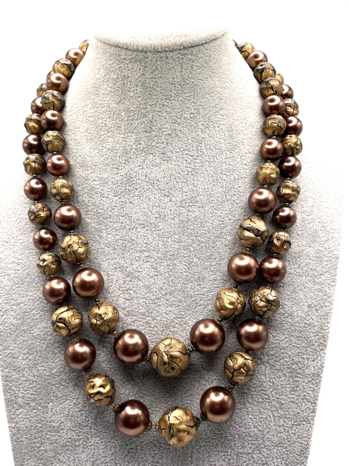 Bronze Tone Double-Strand Faux Pearl and Bead Necklace