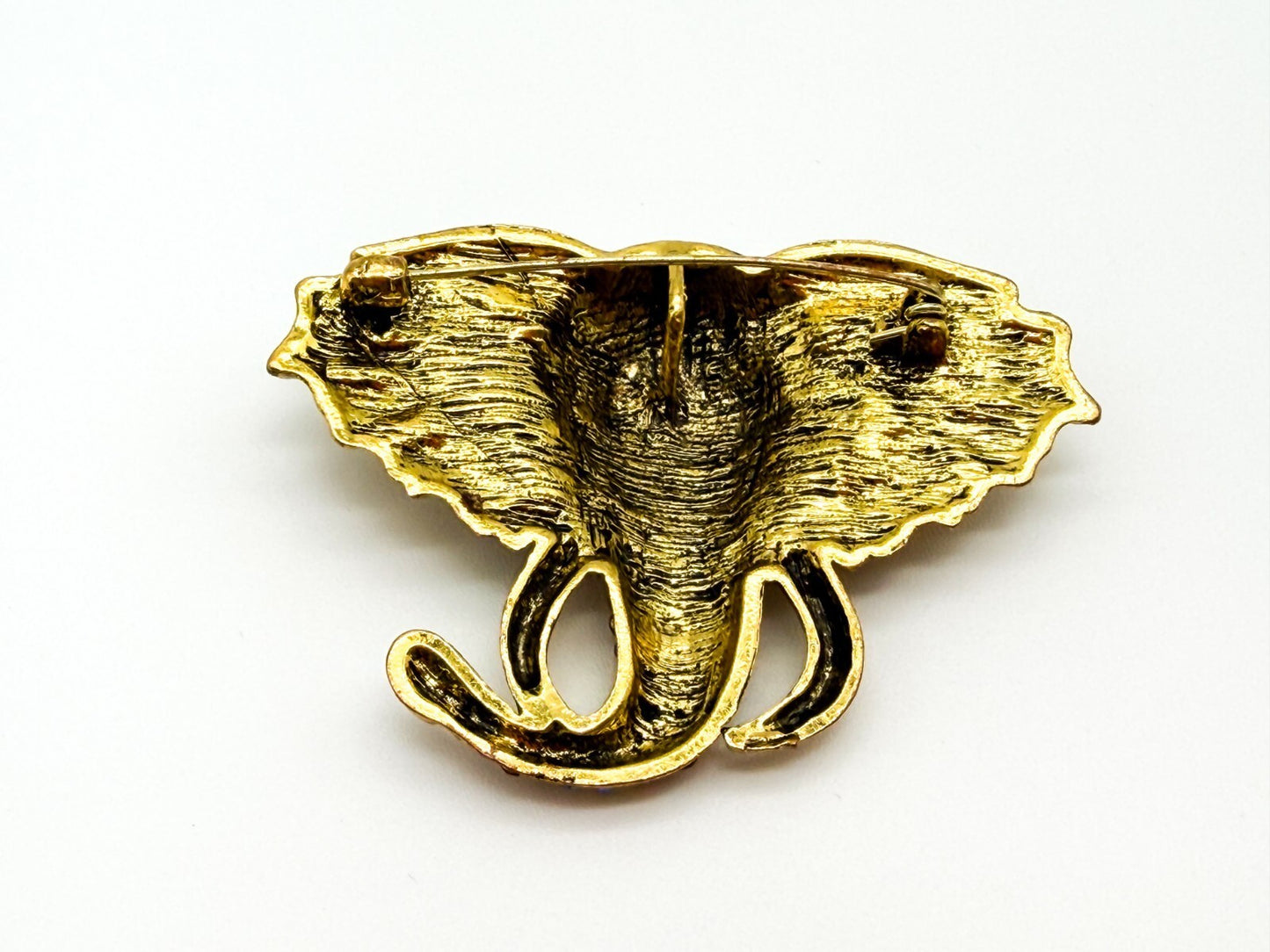 Vintage Elephant Head Brooch Gold Tone AB Orange Peach Rhinestones Green Eye