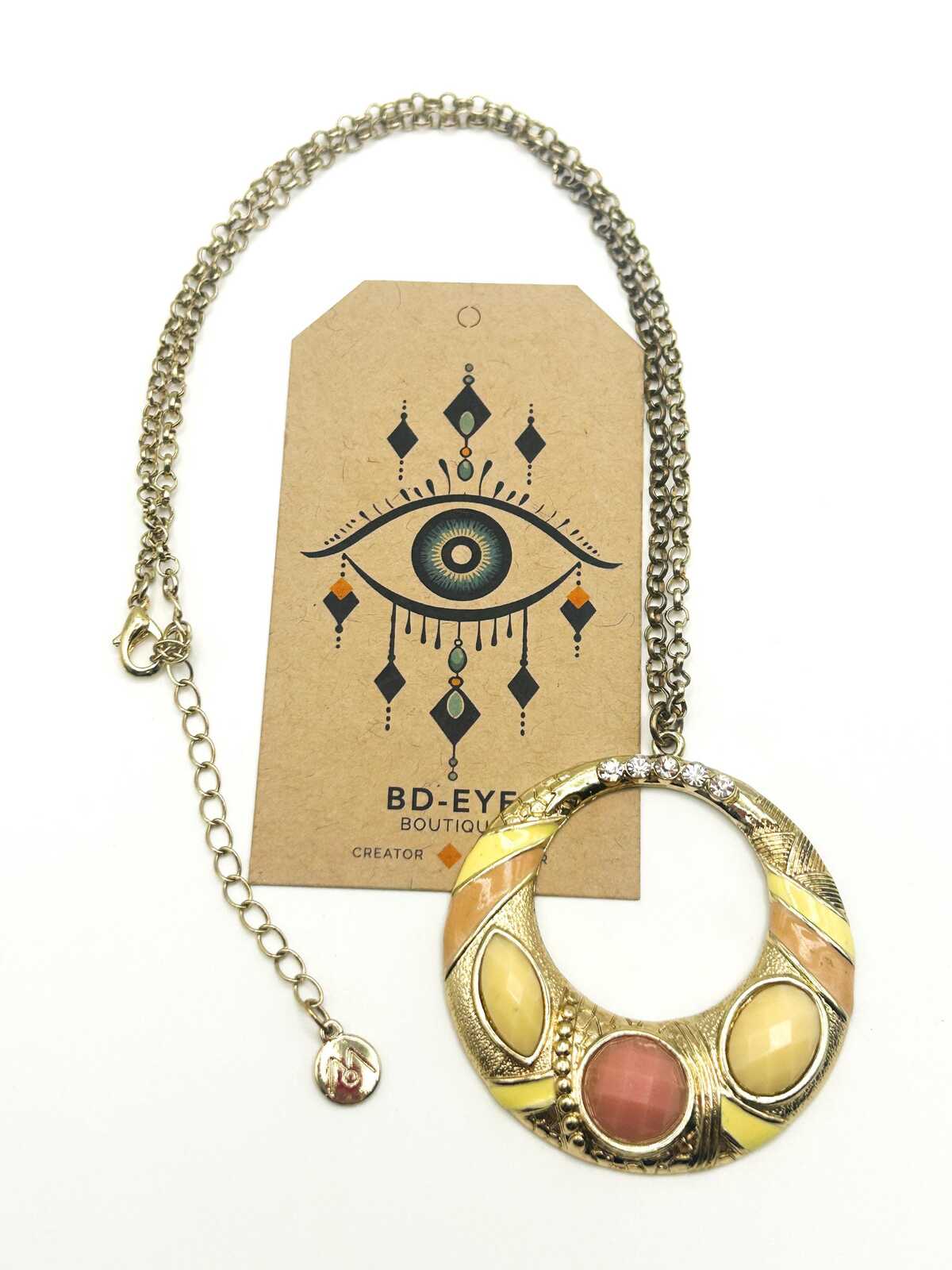 Vintage Gold Tone Hoop Pendant Necklace with Pink & Cream Cabochons – Statement