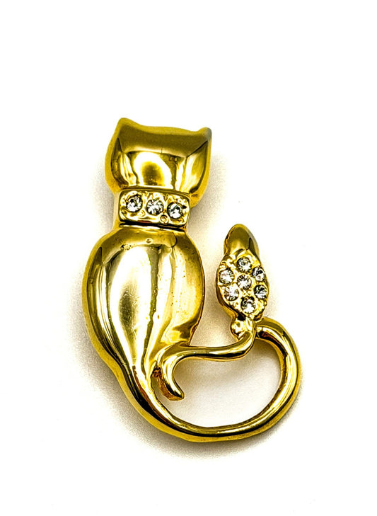 Cat & Bird Sitting Together Vintage Gold Tone Brooch With Rhinestone Sparkles