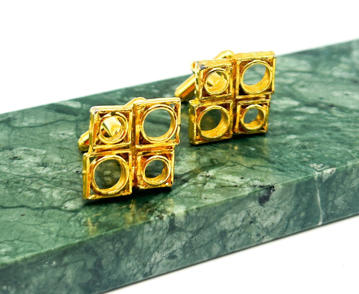 Gold Tone Geometric Square Cufflinks with Circular Cut-Out Design