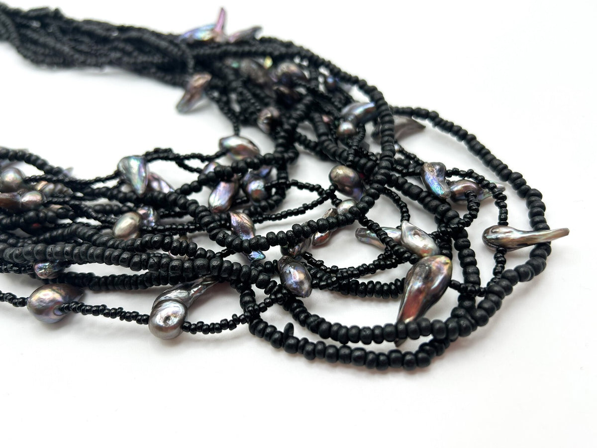 12-Strand Black Glass and Wood Seed Bead Freshwater Baroque Pearl Necklace