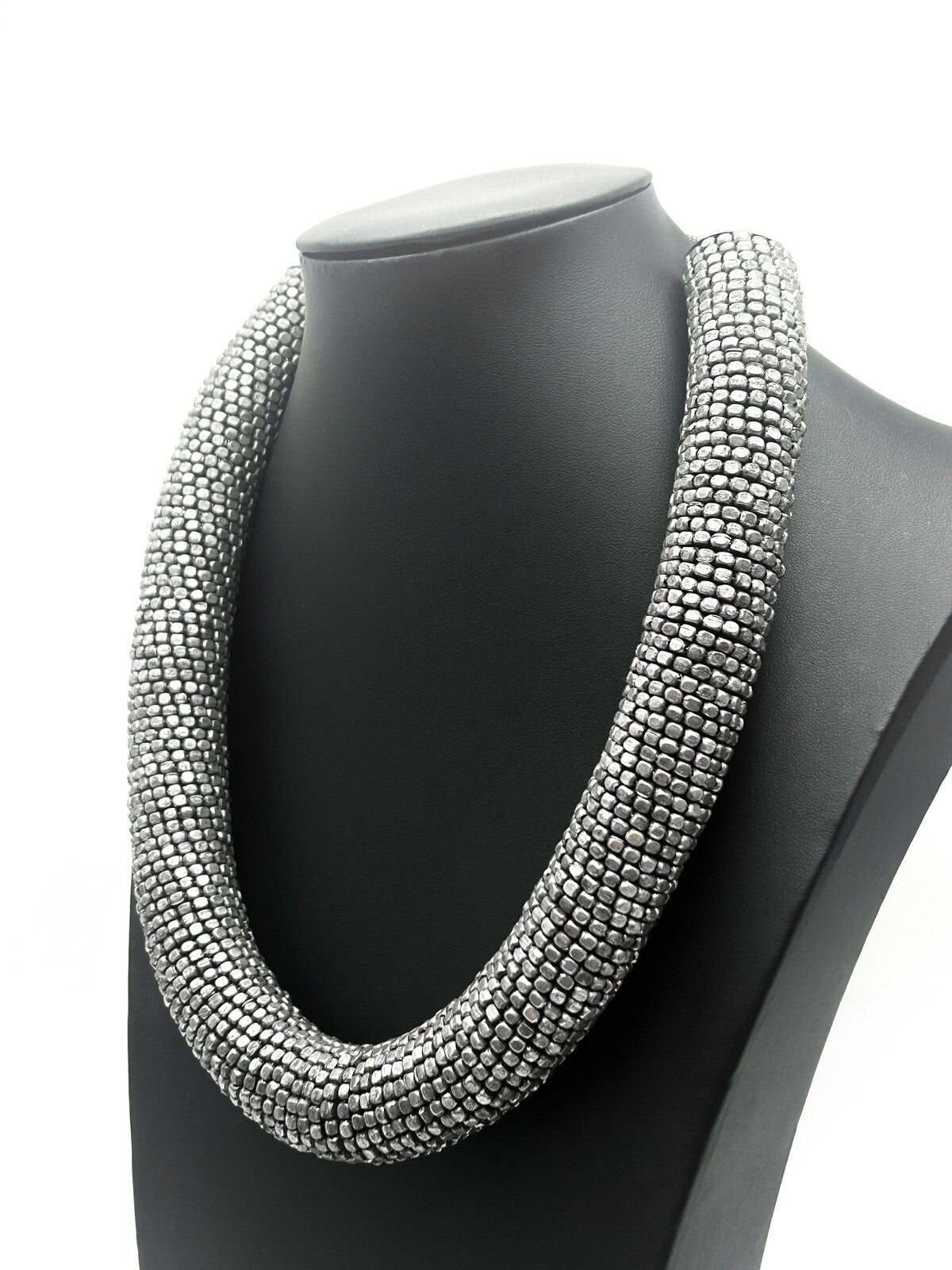 Industrial Coiled Chunky Statement Necklace – Silver Tone – 20”