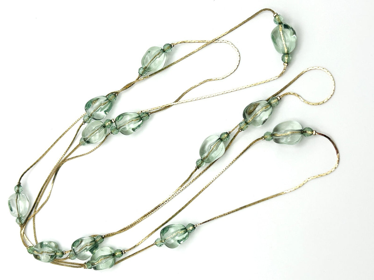 Long Pale Green Acrylic Bead Necklace Multi Strand Gold Tone Layered 34”