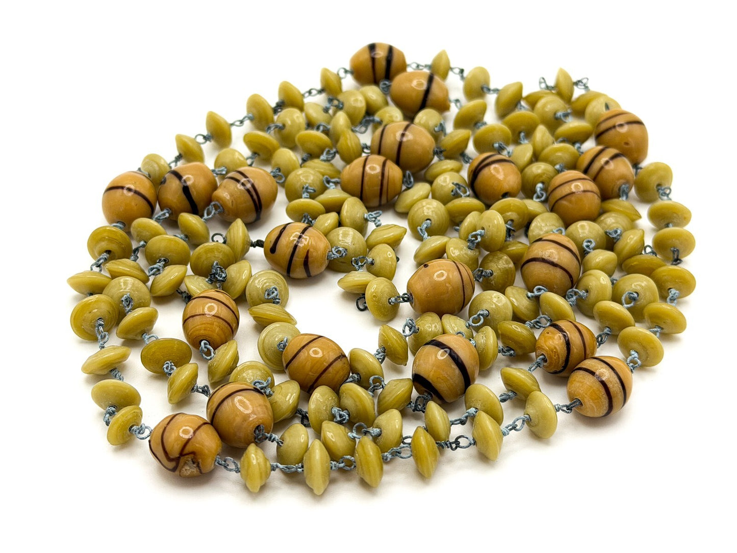 Vintage Venetian Style Glass Bead Necklace Mustard & Olive Disc  Barrel Detail