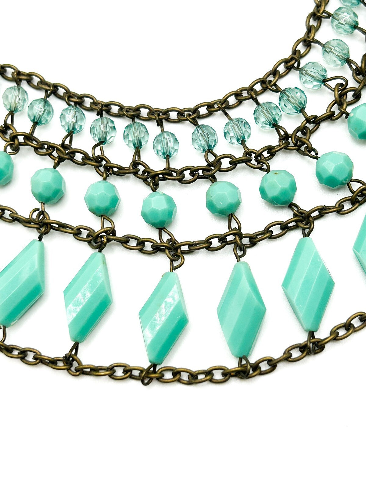 Spearmint 3 Layer Chain-Linked Art Deco inspired Statement Bib Necklace - Blue