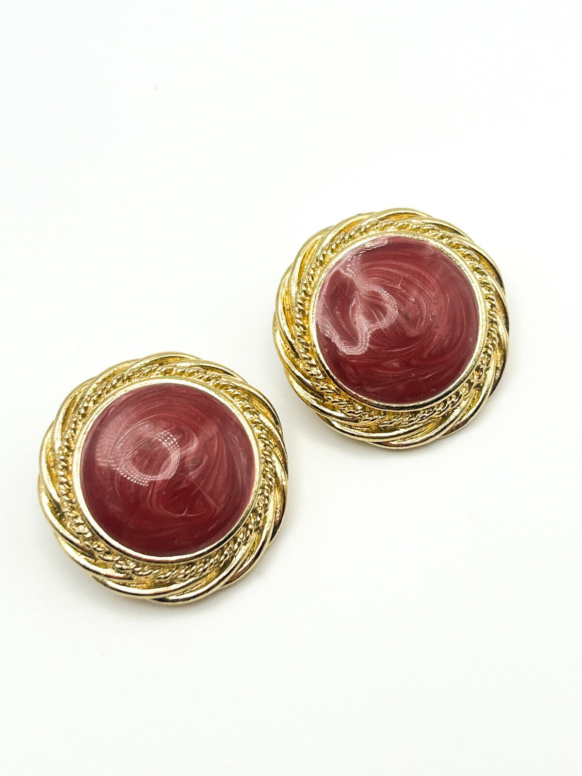 Vintage 80s Gold & Pink / White Swirl Circular Bold Clip On Earrings
