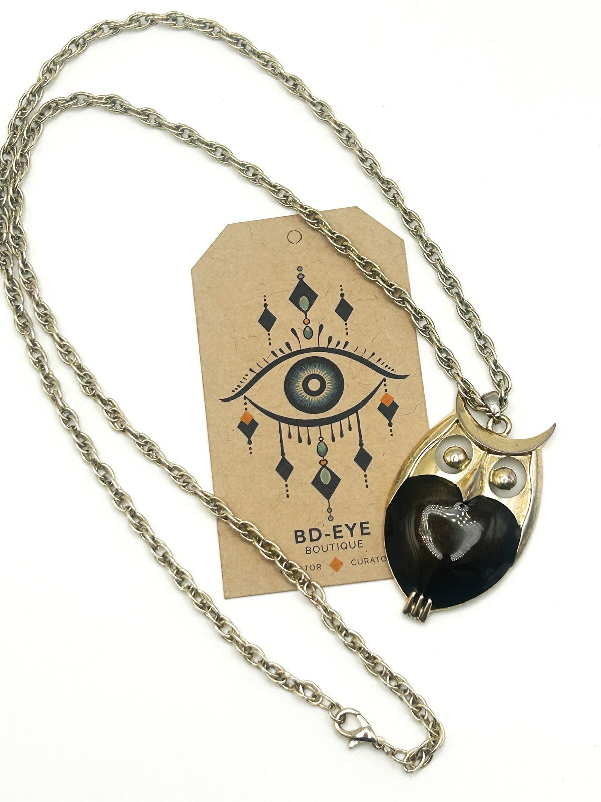 Gold Tone Owl Pendant Necklace with Brown Shimmer Enamel Belly