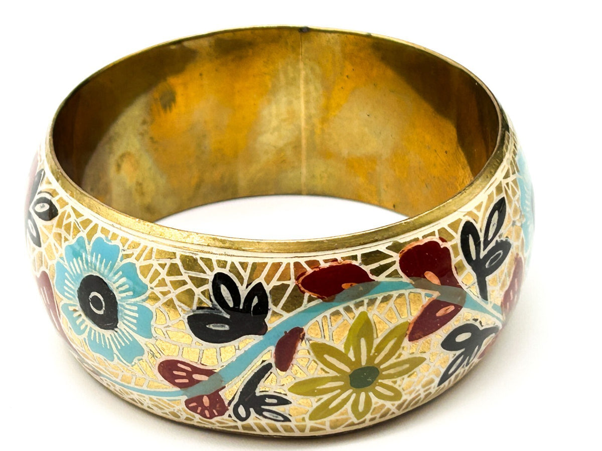 Vintage Painted Brass Floral Wide Bangle Boho Folk Art Bracelet Flower Leaf Cuff