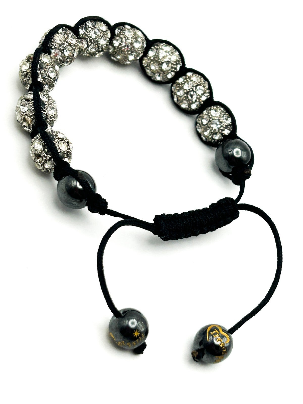 Signed Tresor Paris Crystal Shamballa Style Adjustable Bracelet Hematite
