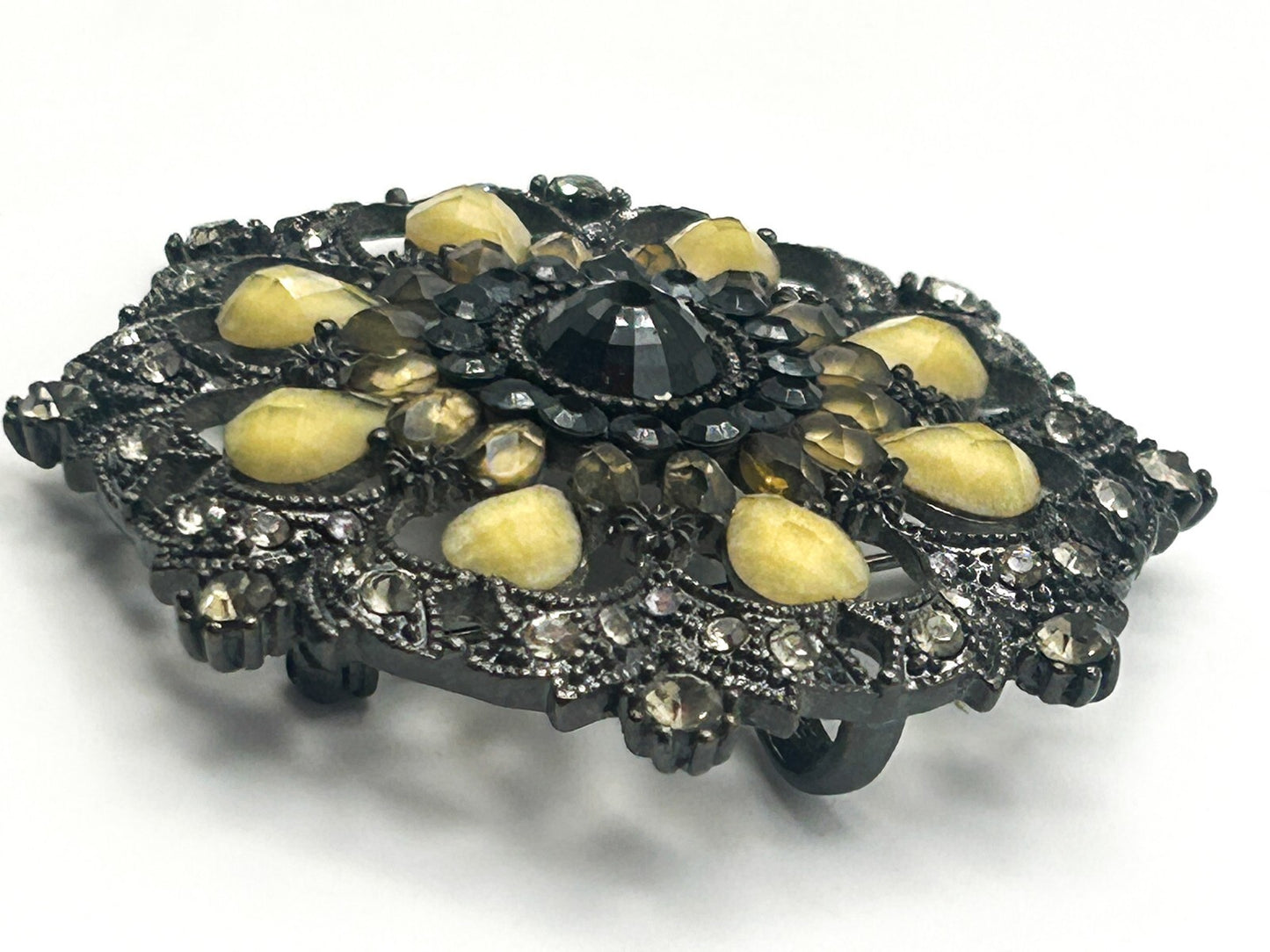 Ornate Gunmetal Floral Rhinestone Vintage Brooch with Lemon Cabochons – 6cm