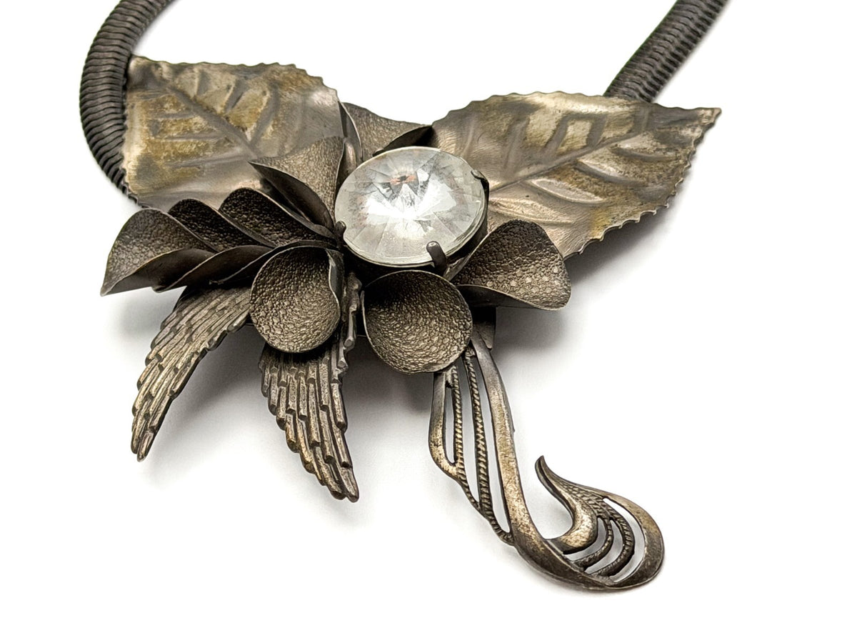Art Nouveau Style Floral Leaf Statement Necklace with Swirl & Rhinestone Detail