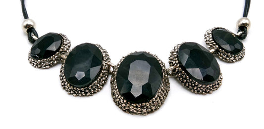 Chunky Silver Tone Gothic Black Glass Faceted Cabochon Statement Necklace