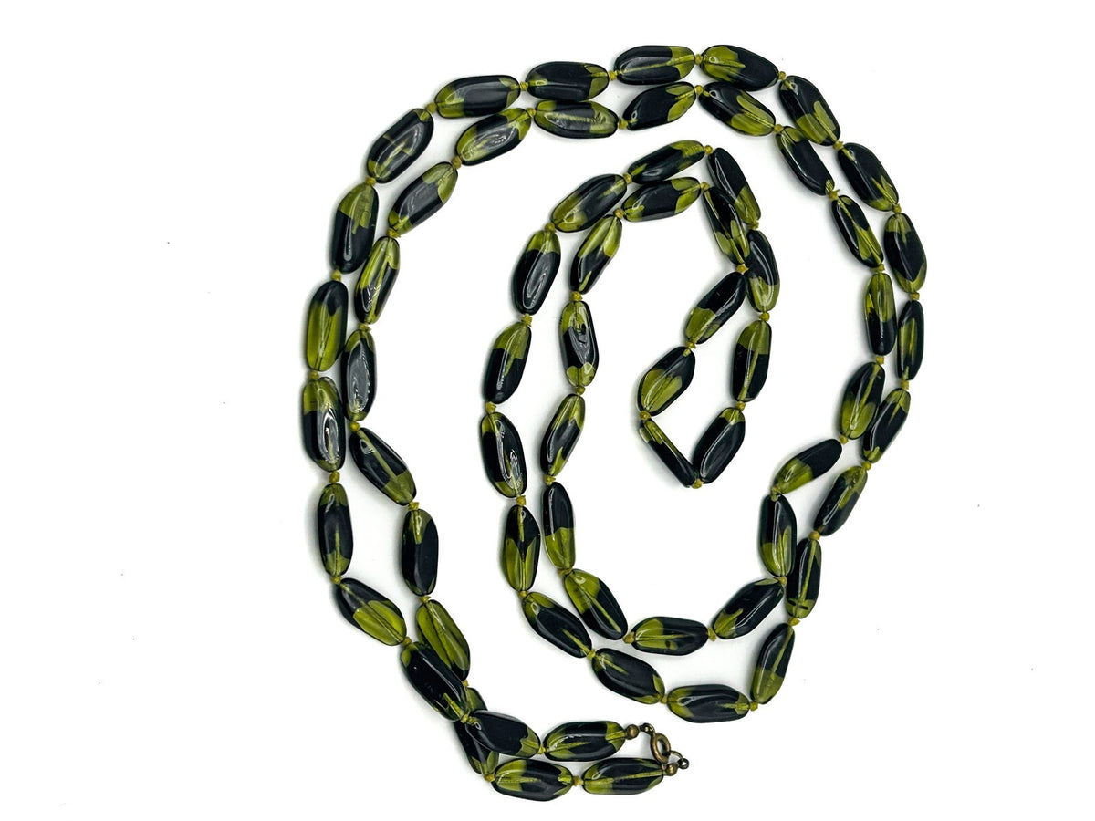 Olive Green & Black Gorgeous Glass Hand-Knotted Long Beaded Necklace