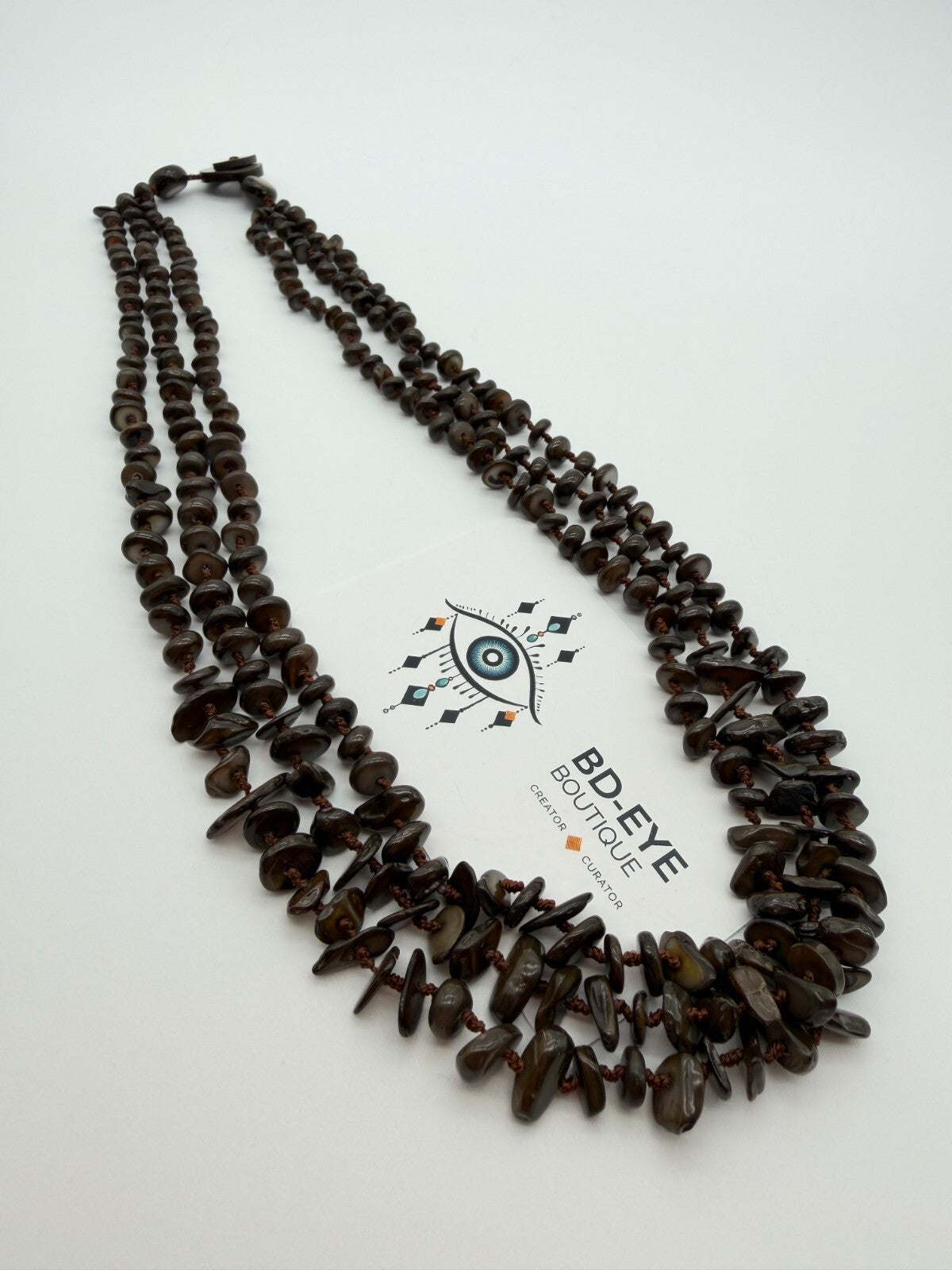 Hand Knotted Shell Chip Necklace Brown Layered Boho Necklace