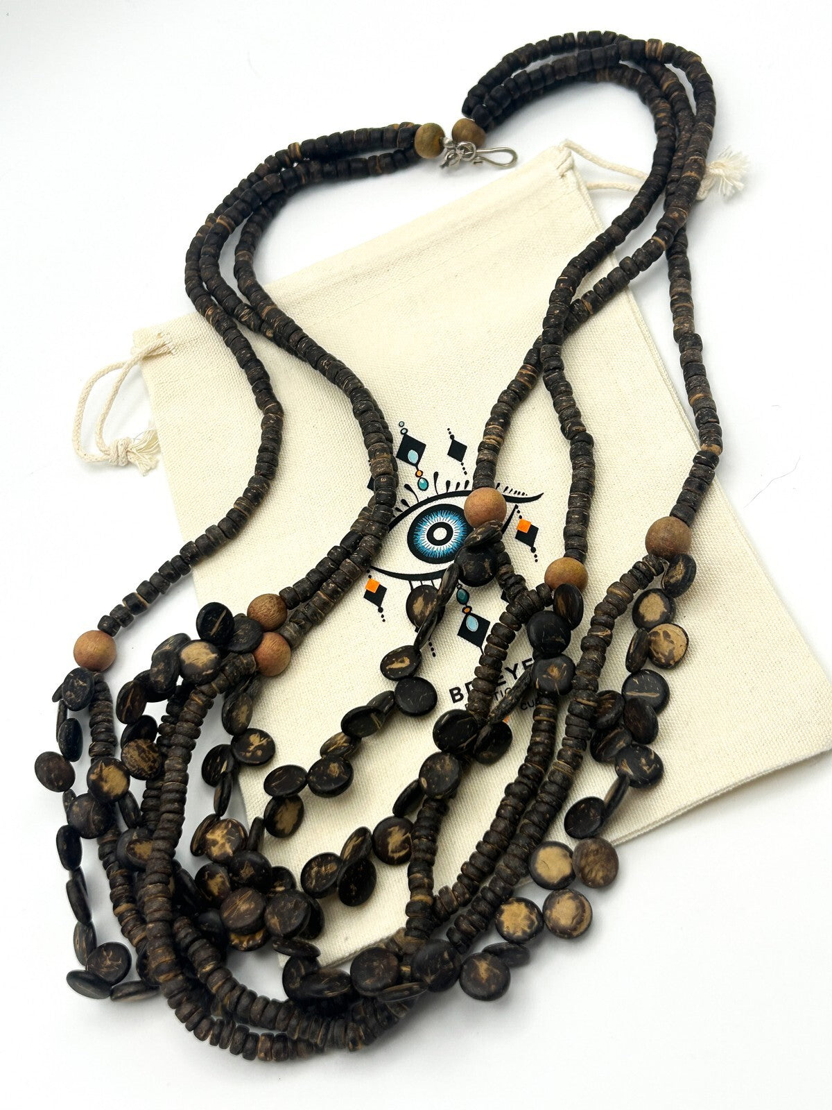 Natural Organic Coconut Shell Discs Layered Necklace Wood Accent Beads