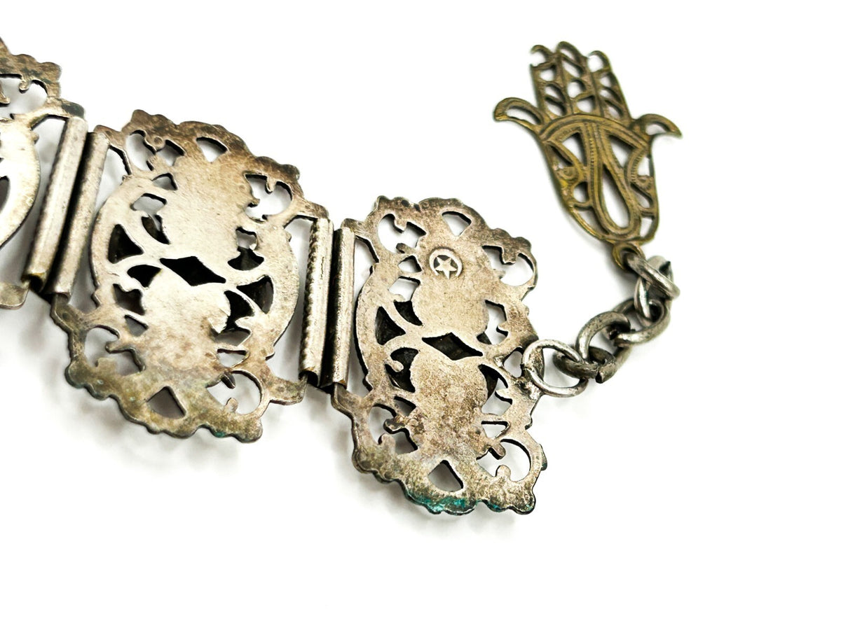 Vintage Egyptian Revival Pharaoh Scarab Panel Bracelet Turquoise Hamsa Tourist