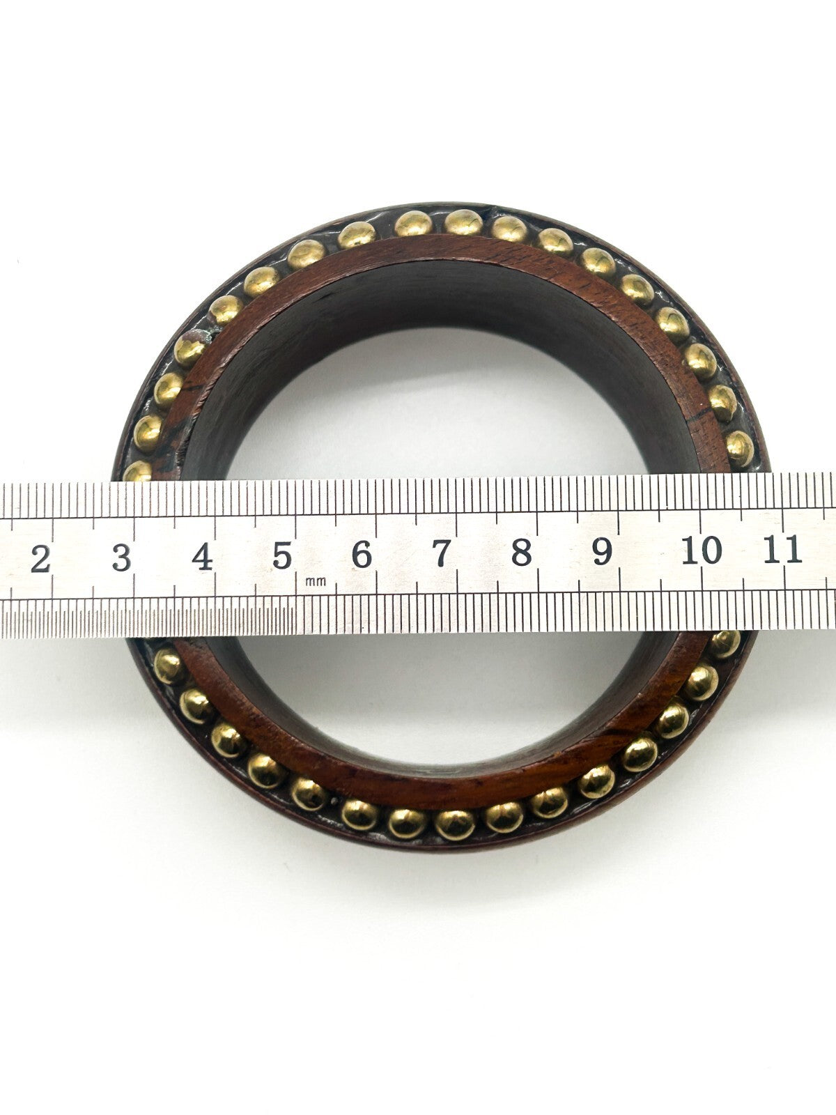 Vintage Dark Wood Brass Bangle Wide Floral Embossed Studded Statement Bracelet