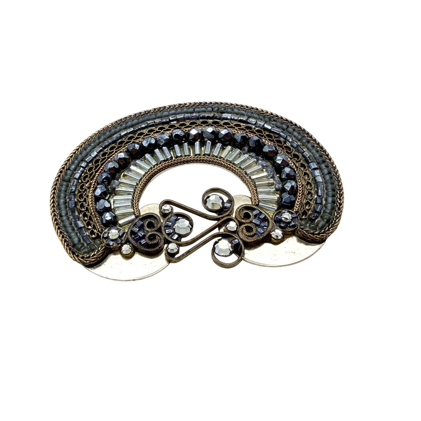 Signed Ayala Bar Brooch Baguette Rhinestone Curved Sconce Filigree Brooch