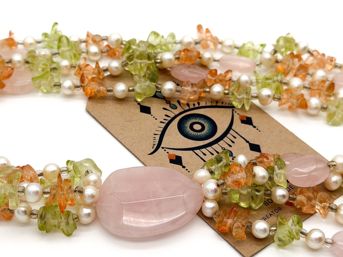 Rose Quartz & Genuine Pearl Multi Strand Statement Necklace Tassel Drop