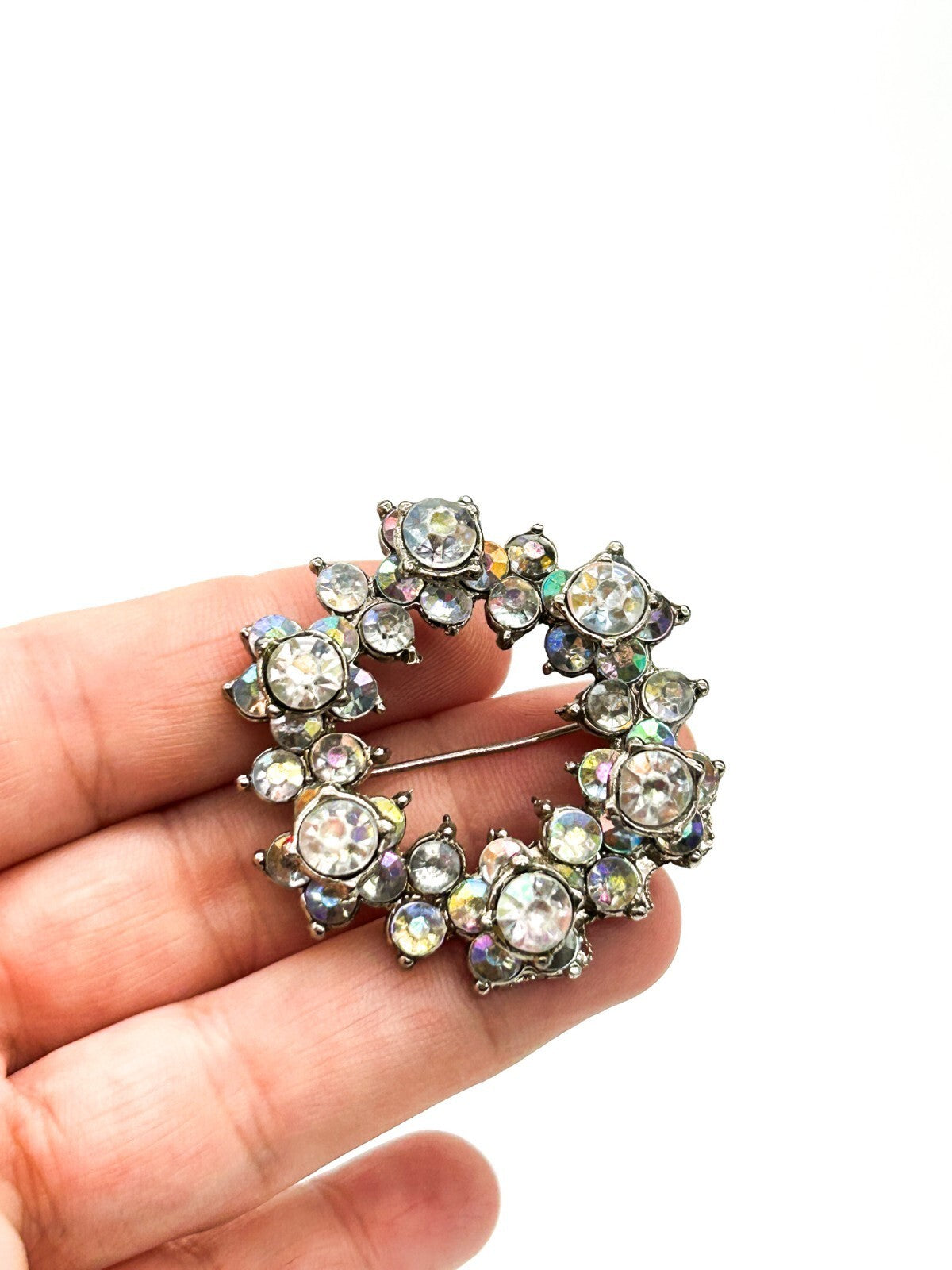 Vintage Aurora Borealis Rhinestone Wreath Brooch AB Crystal Silver Tone 1960s