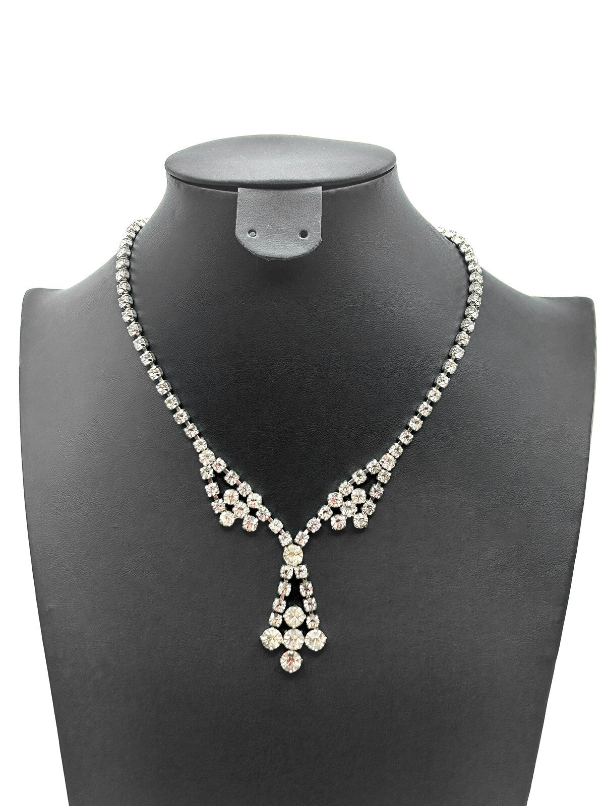 Vintage Prong-set Glass Rhinestone Y Necklace - Pendant Drop and Collar-style