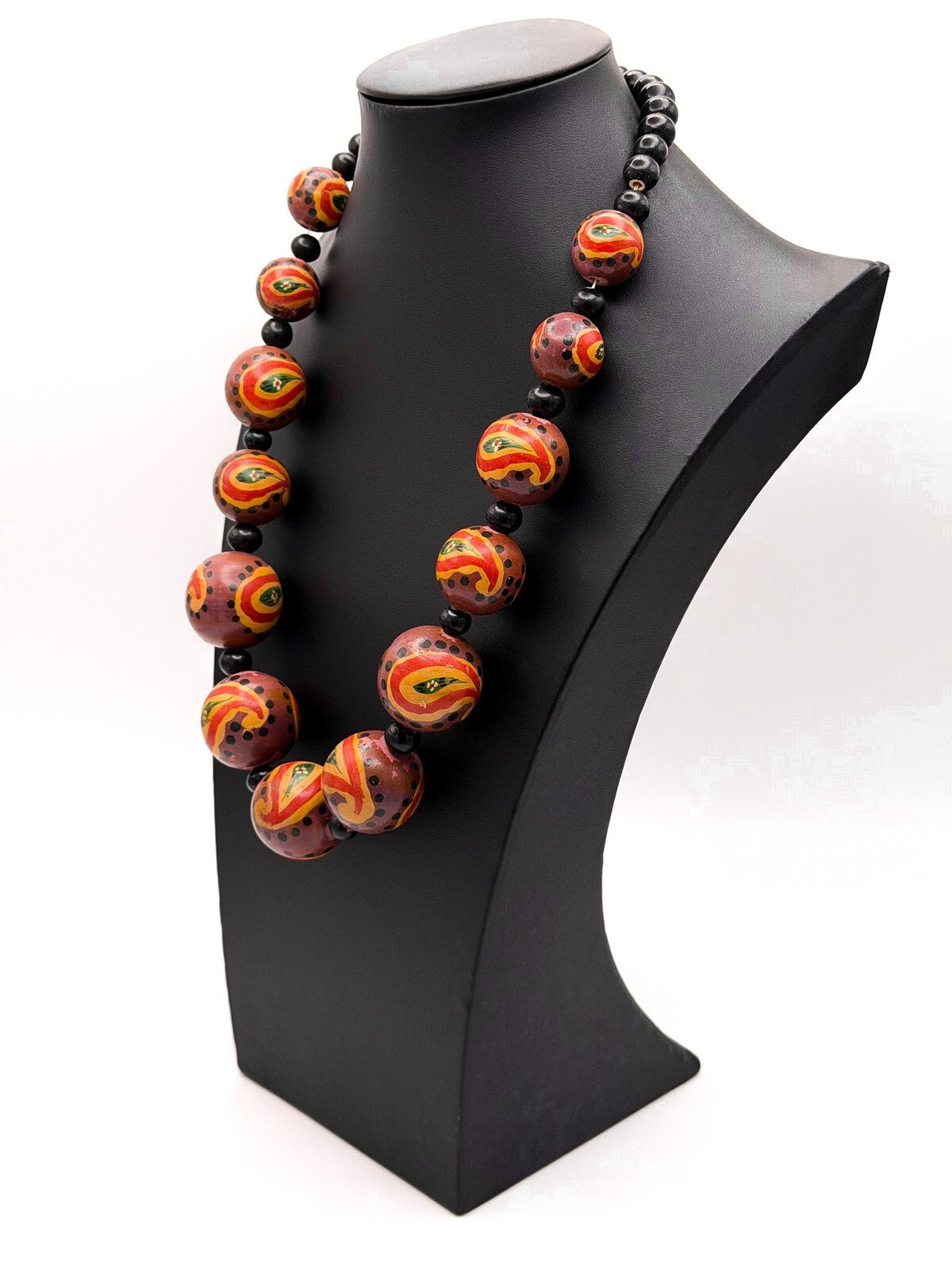 Graduated Hand-Painted Paisley Wooden Bead Necklace – Orange & Brown Tones