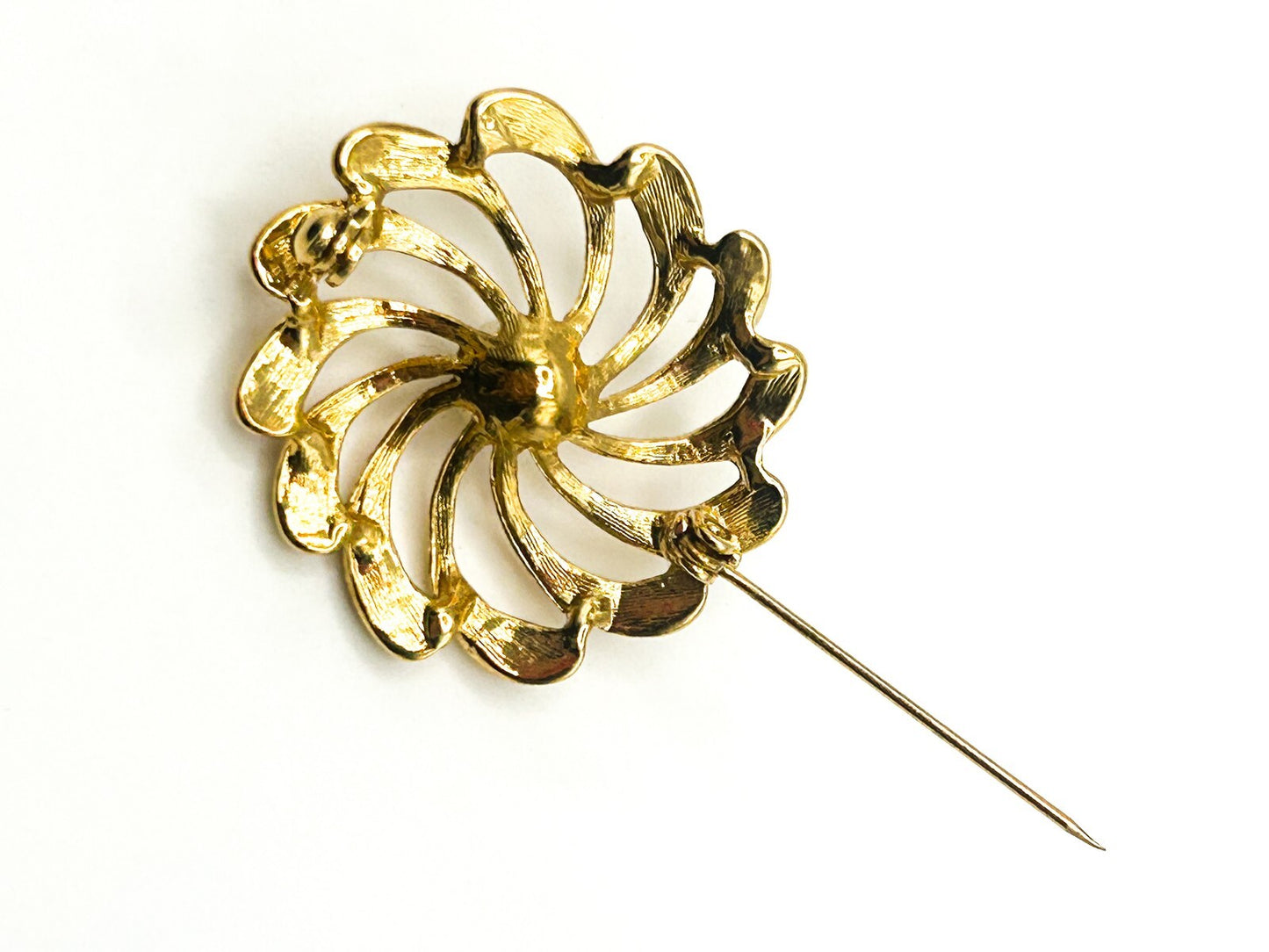 Gold Tone Spiral Flower Brooch with Faux Pearl Centre