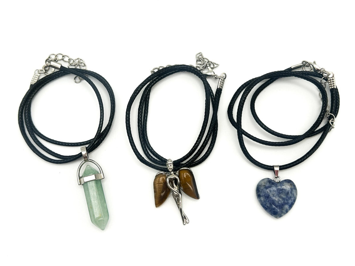 Gemstone Pendant Cord Necklace Bundle Tiger’s Eye, Angel Wings, Aventurine Point