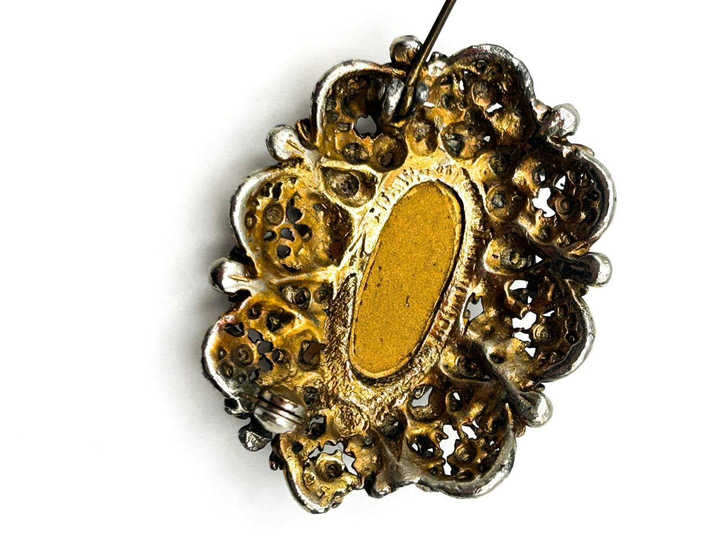 Vintage Amber Glass Oval Cabochon Brooch Rhinestone Ornate Gold Tone Openwork