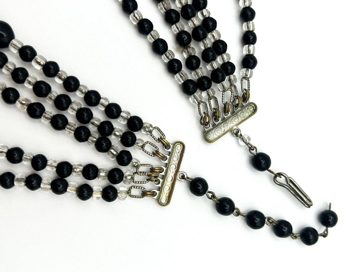 Vintage 5 Strand Black & Clear Glass Beaded Statement Necklace Heavy Layered
