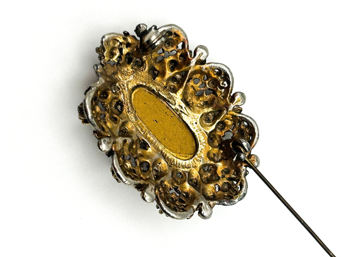 Vintage Amber Glass Oval Cabochon Brooch Rhinestone Ornate Gold Tone Openwork