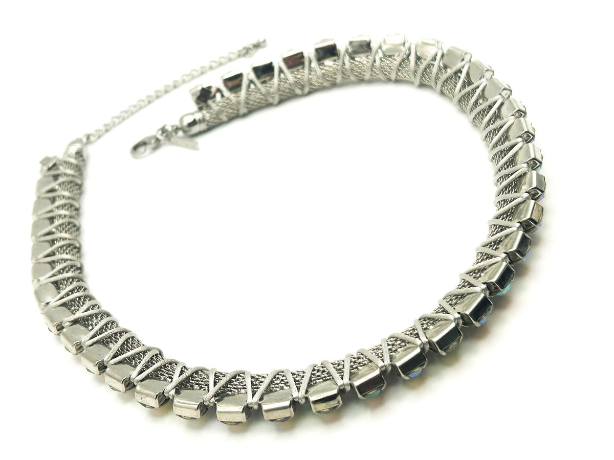 FREEDOM (Topshop) Silver Tone Mesh Rhinestone Collar Necklace – 18”