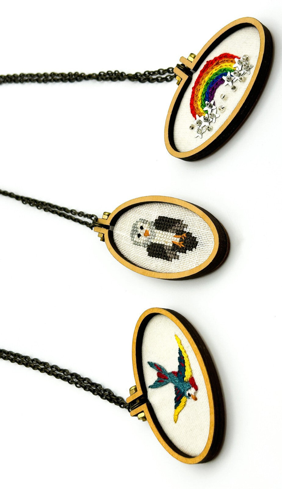 Needles & Sparkles Handmade Embroidered Oval Pendant Necklace Trio UK Artisan