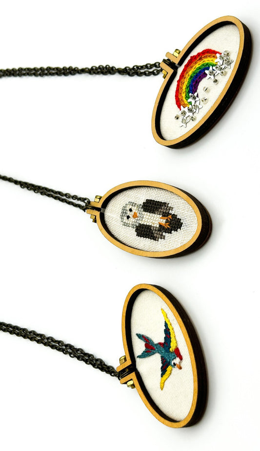 Needles & Sparkles Handmade Embroidered Oval Pendant Necklace Trio UK Artisan