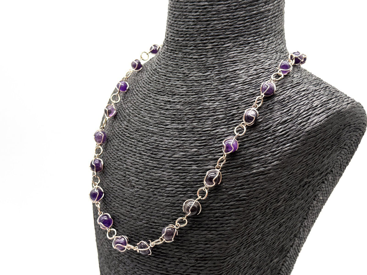 Amethyst Necklace & Bracelet Set Wire Wrapped Purple Gemstone Chain 20.5”