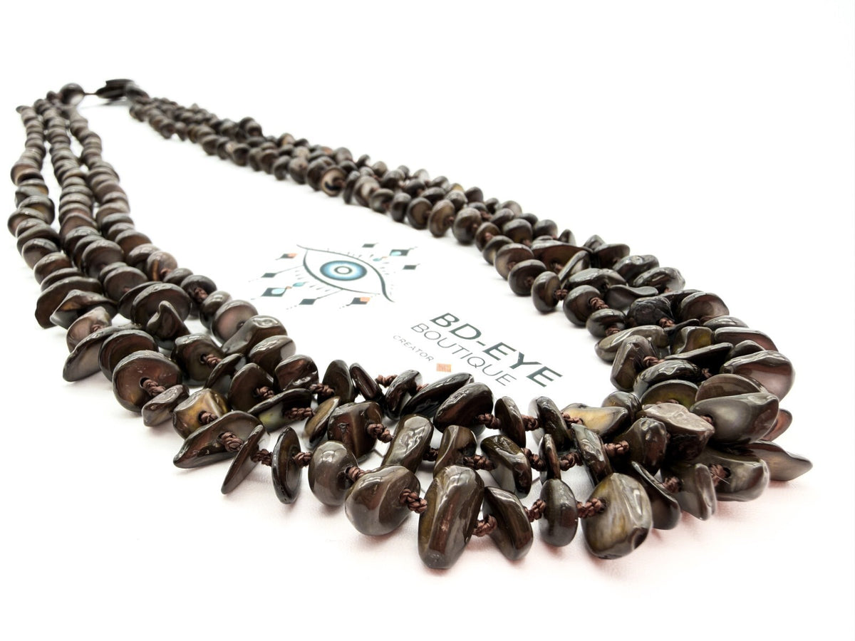 Hand Knotted Shell Chip Necklace Brown Layered Boho Necklace