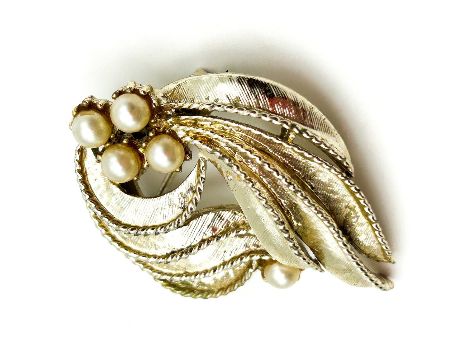 Vintage Gold Tone Faux Pearl Textured Art Nouveau Style Abstract Brooch