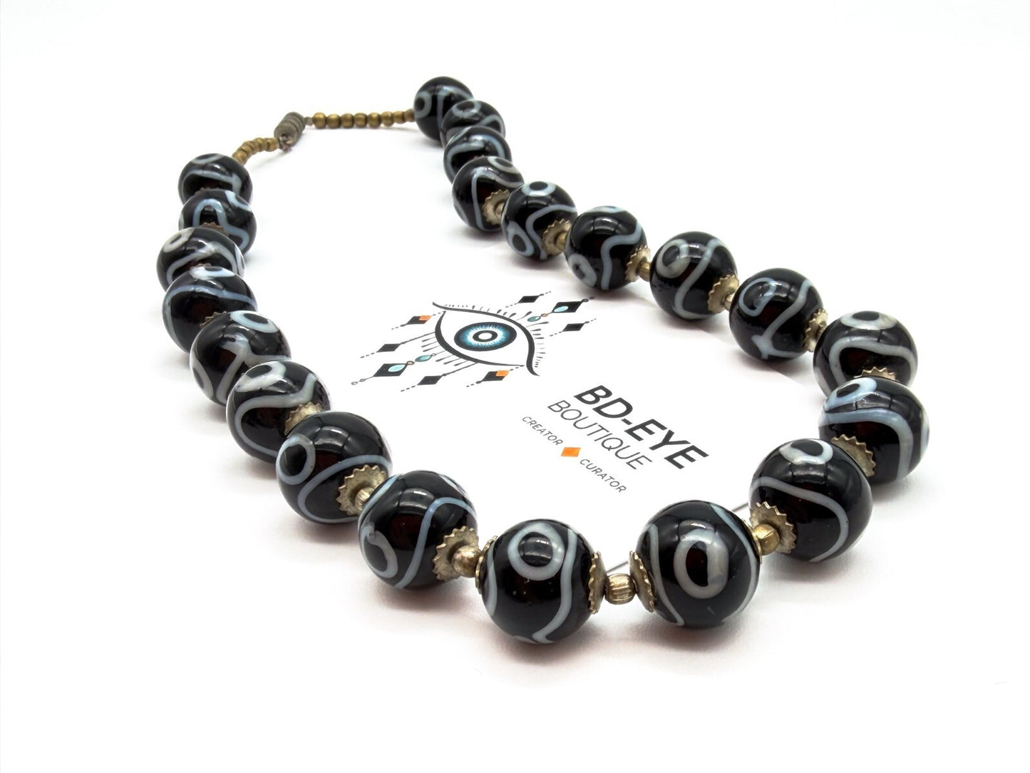 Vintage Black White Dzi Style Necklace Tibetan Bead Statement Glass 17”
