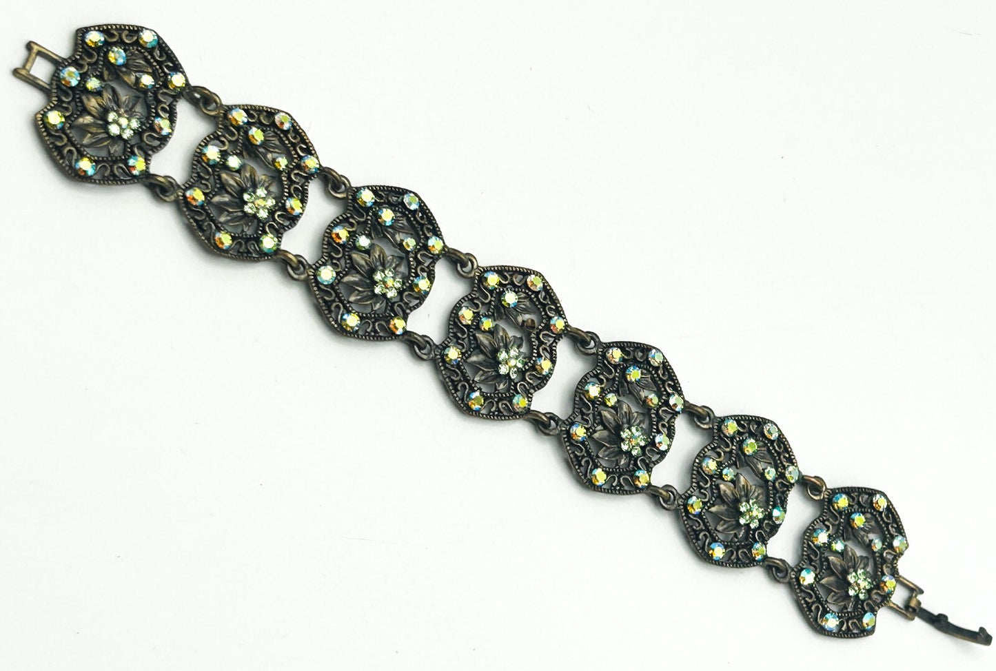 Vintage Filigree Panel Bracelet AB Rhinestone Floral Articulated 17cm