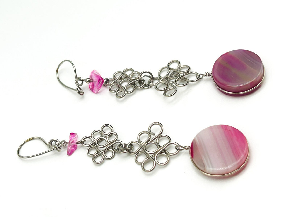 Peruvian Alpaca Necklace Earrings Set Pink Agate Chainmail Fringe Boho Statement