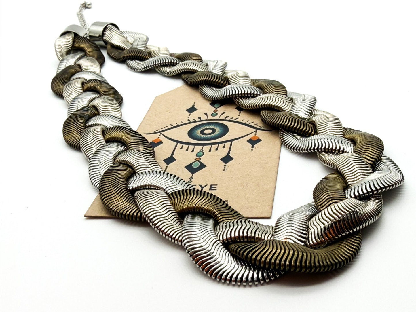 M&S Statement Necklace Mixed Metal Braided Snake Chain Wide Collar 18” Retro