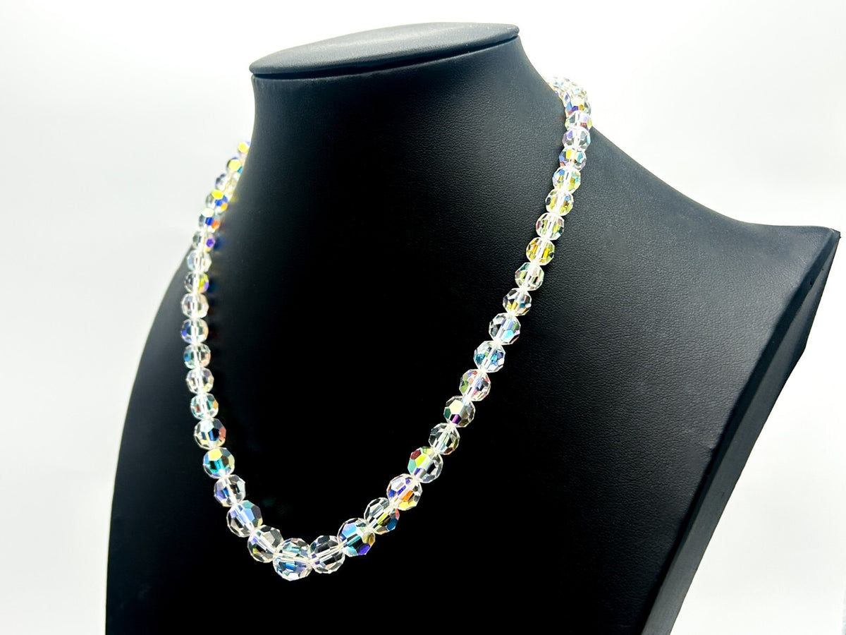Vintage Aurora Borealis Crystal Necklace Graduated Faceted Glass 17.5” Retro