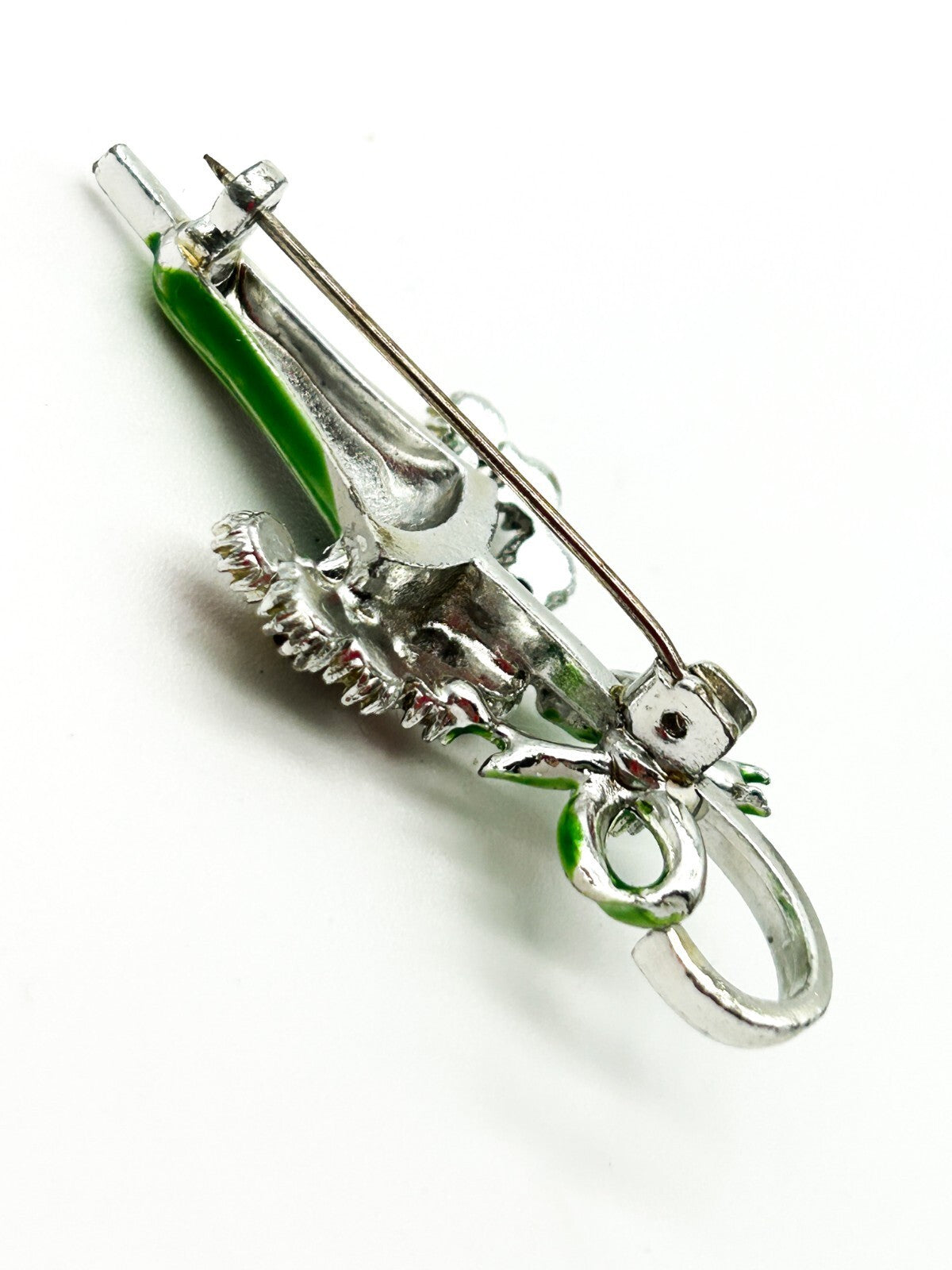 Vintage Green Enamel & Rhinestone Parasol Umbrella Brooch Multicolour Retro Bow