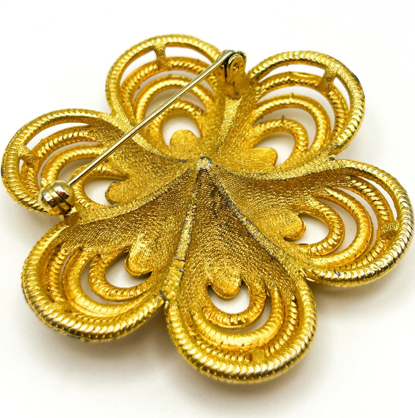 Vintage Gold Tone Flower Brooch Large Openwork Floral Pin Statement