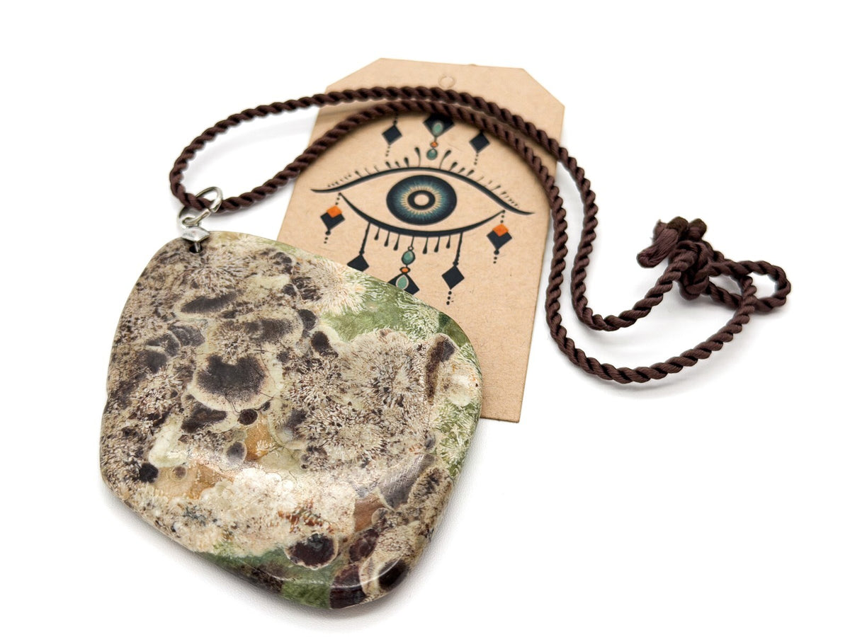 Ocean Jasper Large Pendant Necklace Brown Cord 16” Semi Precious Green