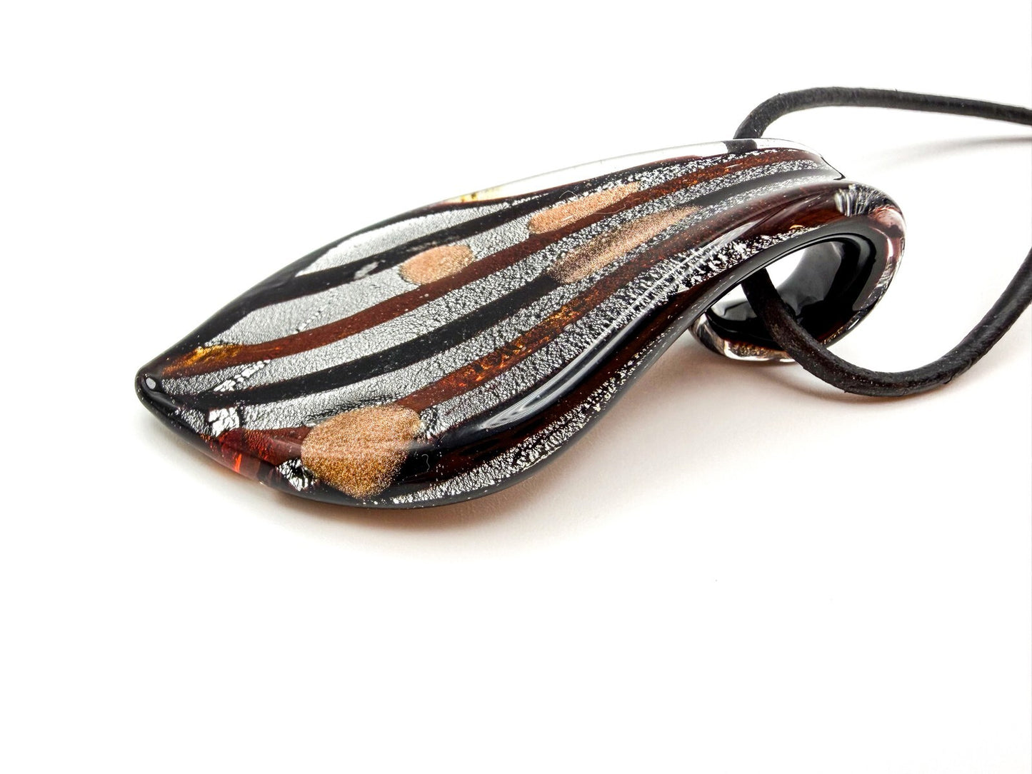 Silver, Copper Tone & Black Dichroic Art Glass Murano-style Pendant Necklace
