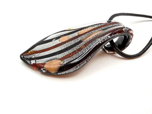Silver, Copper Tone & Black Dichroic Art Glass Murano-style Pendant Necklace