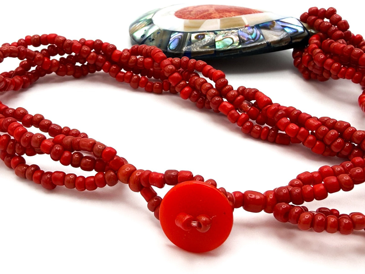 Twisted Red Seed Bead Necklace with Abalone, Mother of Pearl & Coral Teardrop Pe